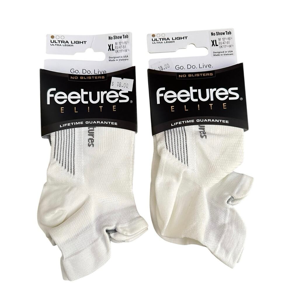 NEW Lot 2 Feetures Elite Ultra Light Cushion No Show Tab Running Socks XL White